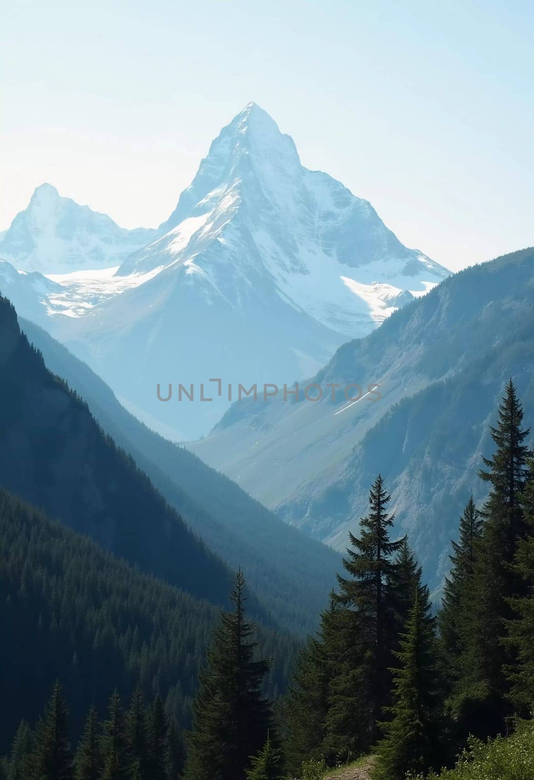 A peaceful view unfolds with towering spruce trees framing majestic mountains bathed in soft morning light. Lush green forest descends into a misty valley, creating a serene atmosphere. Generative AI