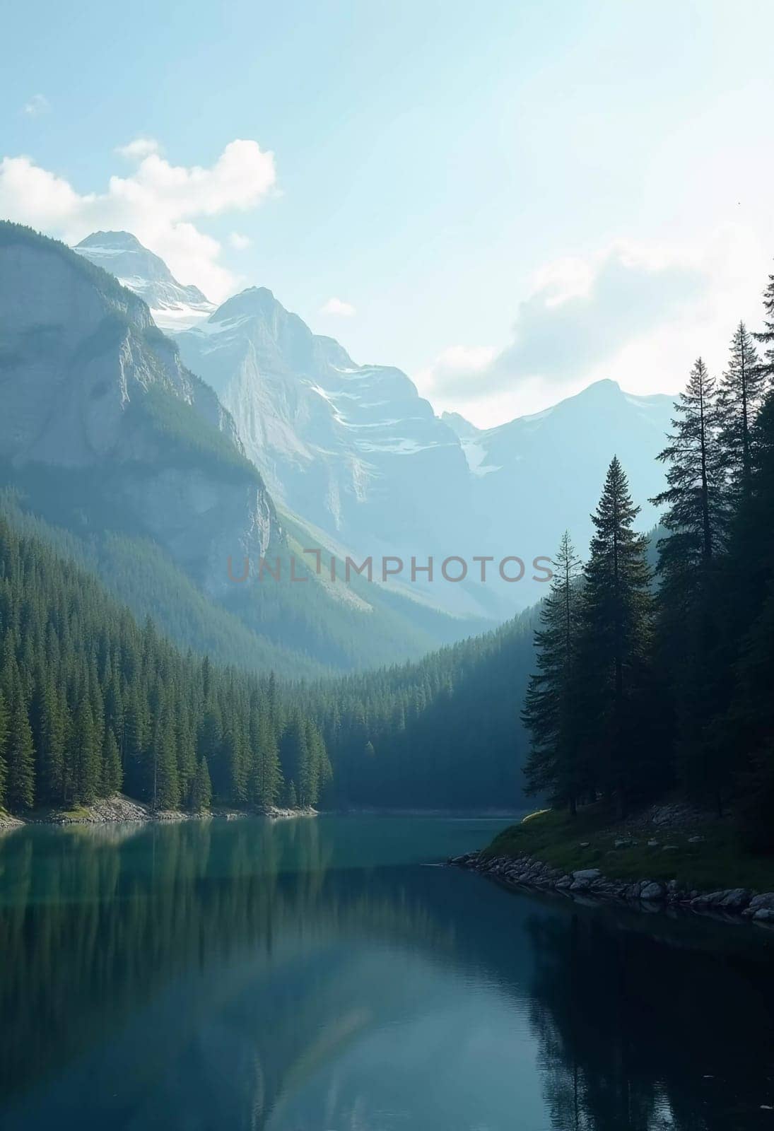 A peaceful view unfolds with towering spruce trees framing majestic mountains bathed in soft morning light. Lush green forest descends into a misty valley, creating a serene atmosphere. Generative AI