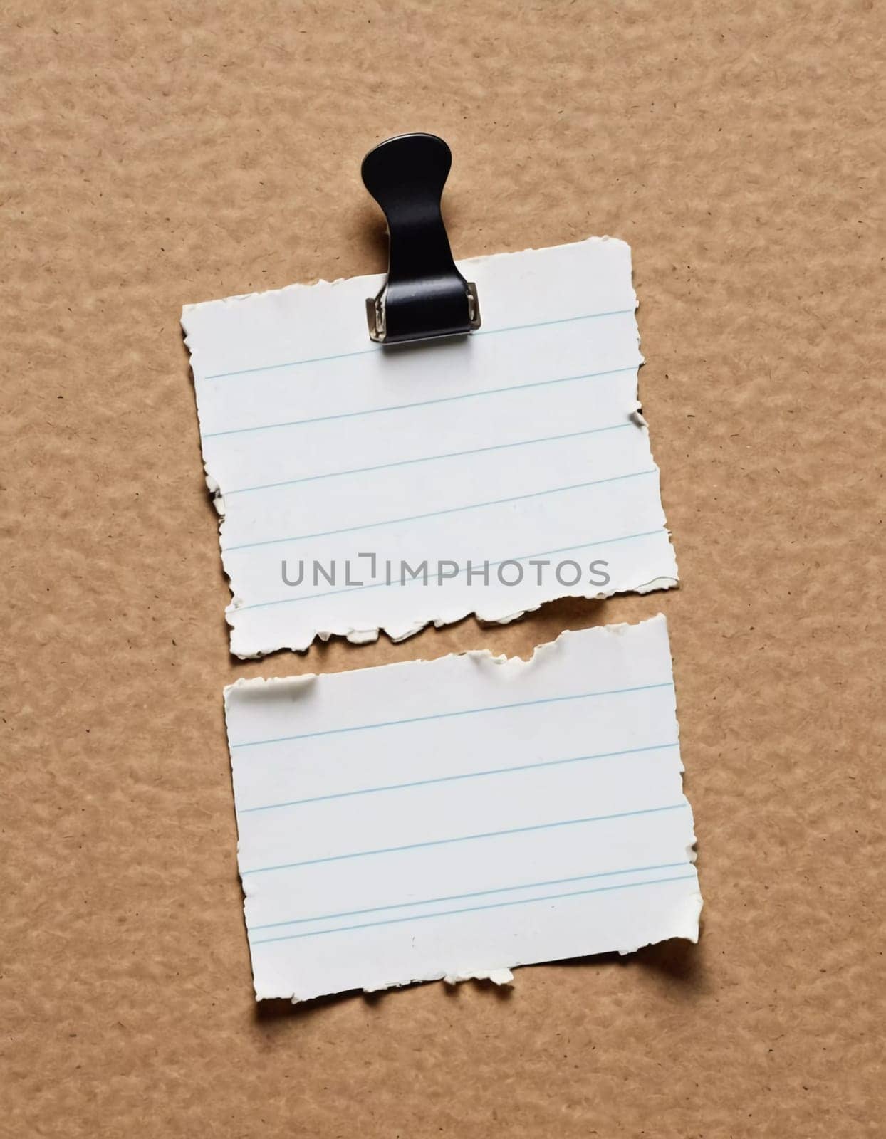 A piece of vintage blank note paper is secured with tape to a textured brown surface, ideal for business communications or reminders, conveying an old-fashioned office style. Generative AI.