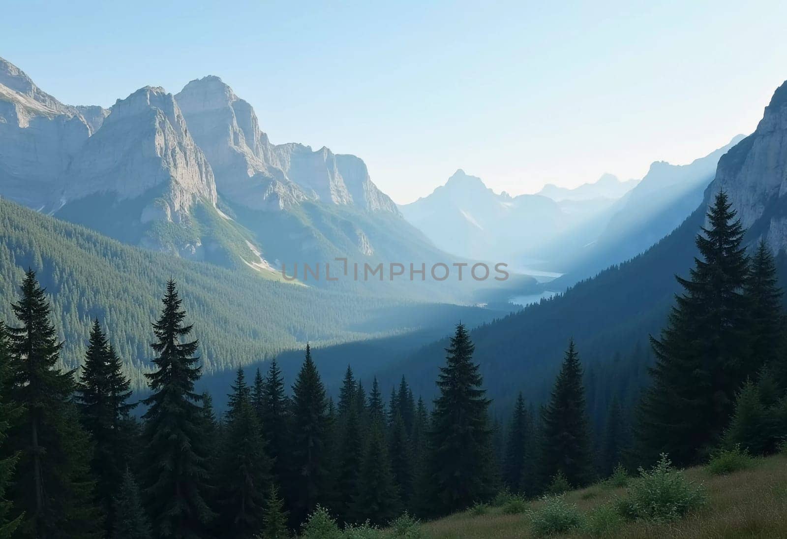 A peaceful view unfolds with towering spruce trees framing majestic mountains bathed in soft morning light. Lush green forest descends into a misty valley, creating a serene atmosphere. Generative AI