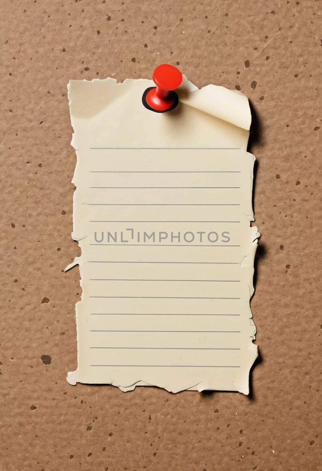 A piece of vintage blank note paper is secured with tape to a textured brown surface, ideal for business communications or reminders, conveying an old-fashioned office style. Generative AI.