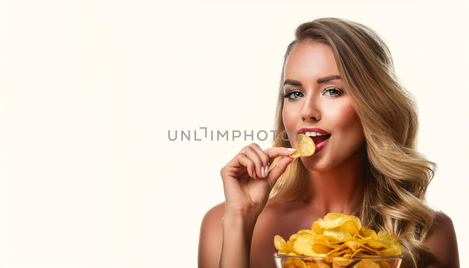 gorgeous young woman eating chips, AI generated image