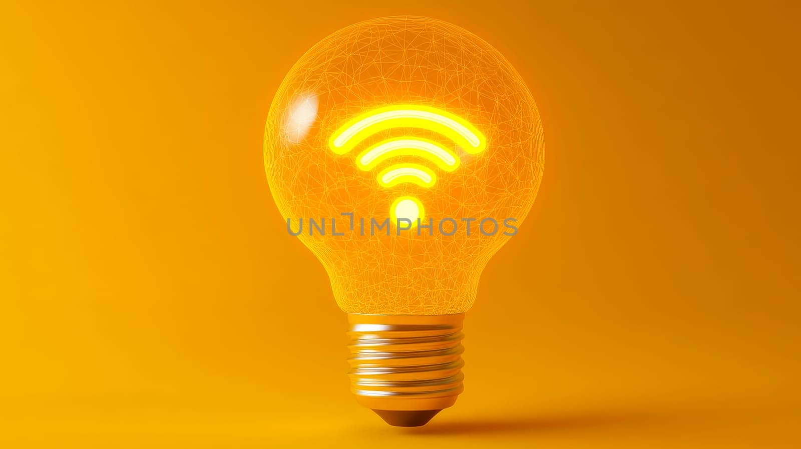 A bright glowing WiFi symbol inside light bulb on a yellow background. AI generated