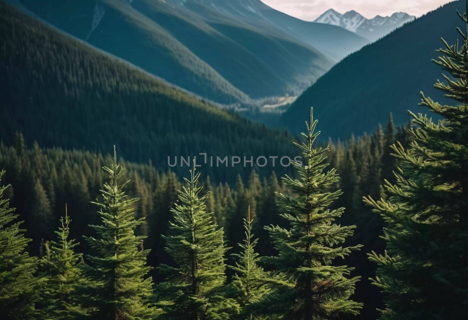 Majestic mountains tower over a serene spruce forest beneath a dramatic sky, showcasing nature beauty at dusk. Towering mountains with rolling hills and moody sky highlighting peaceful wilderness. AI.