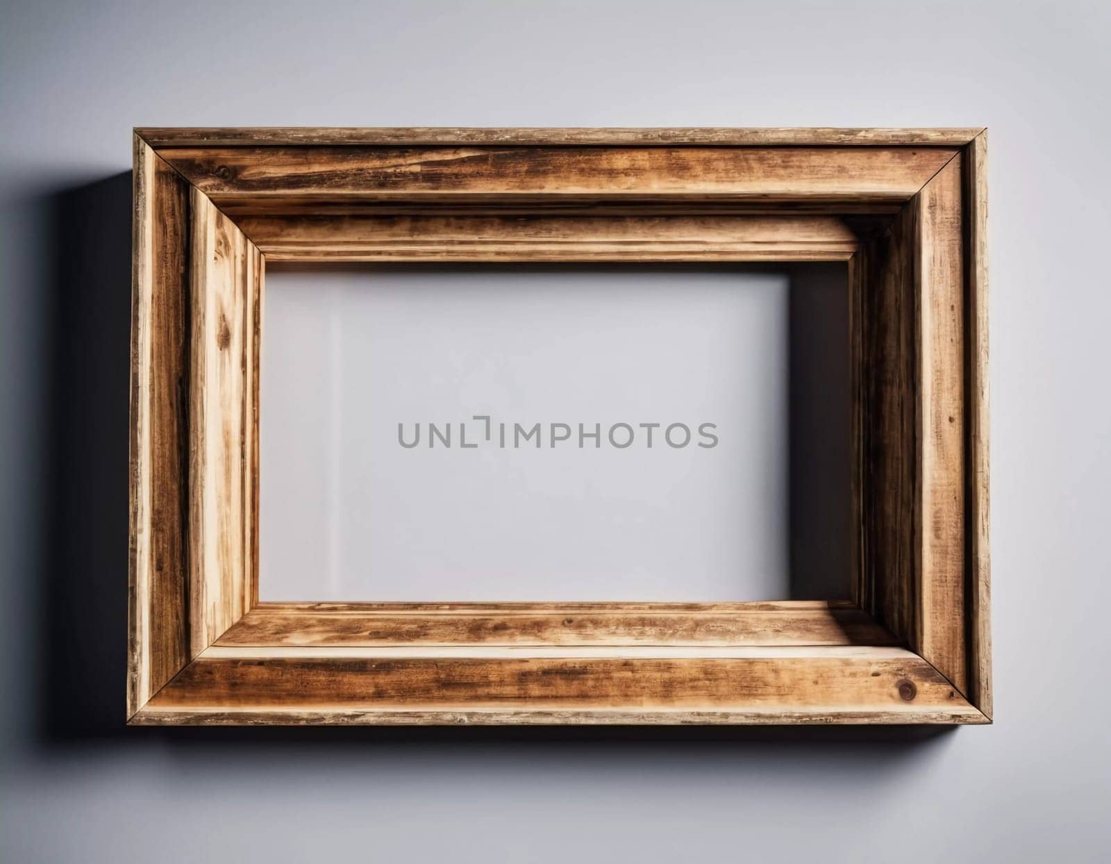 Rustic wooden frame features beautiful carvings and a weathered finish designed to hold art photographs set against clean white backdrop. A frame with intricate details against a white background. AI