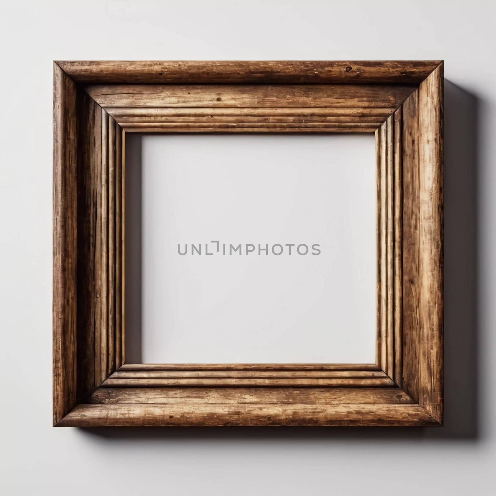 Rustic wooden frame features beautiful carvings and a weathered finish designed to hold art photographs set against clean white backdrop. A frame with intricate details against a white background. AI