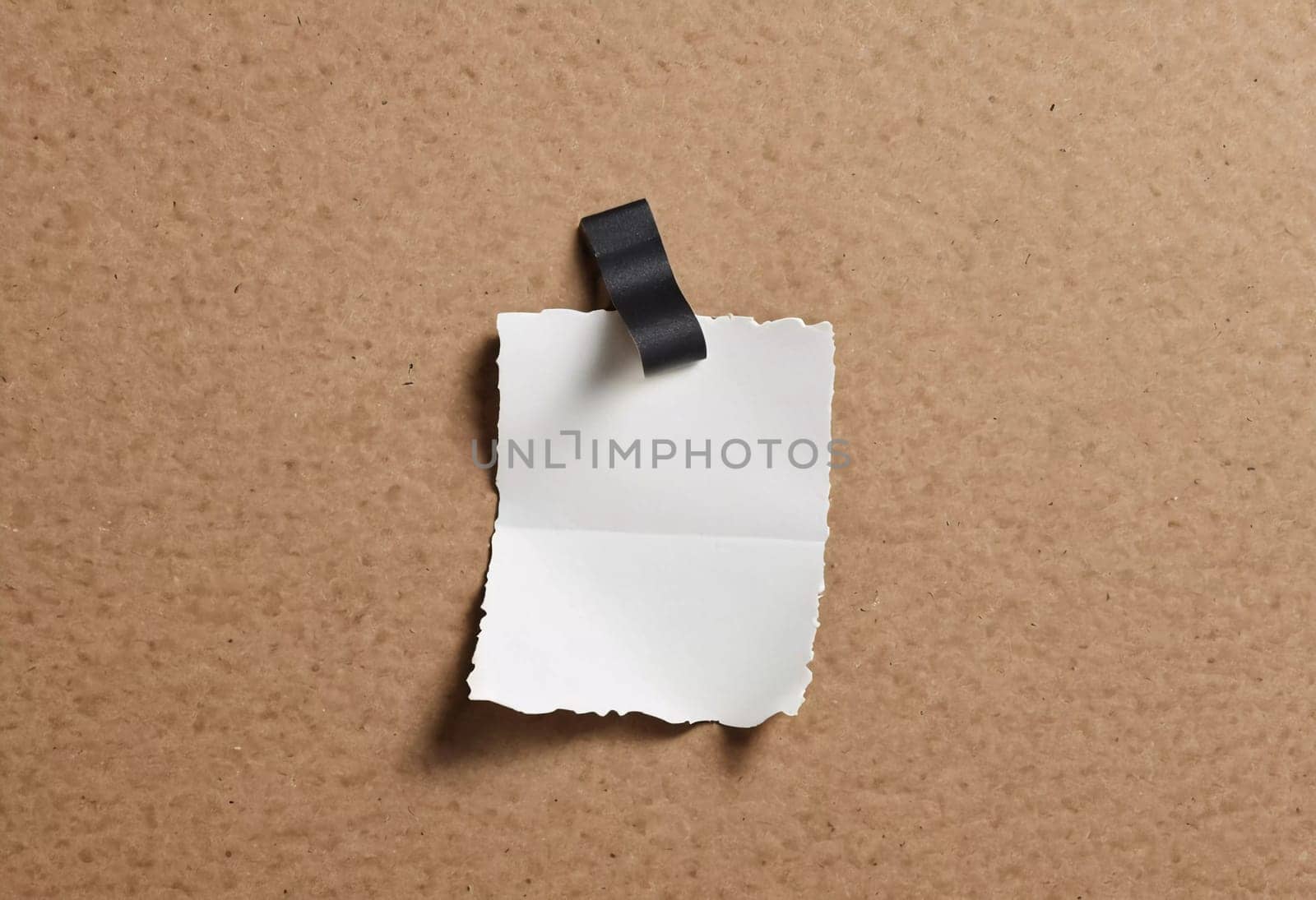 A piece of vintage blank note paper is secured with tape to a textured brown surface, ideal for business communications or reminders, conveying an old-fashioned office style. Generative AI.