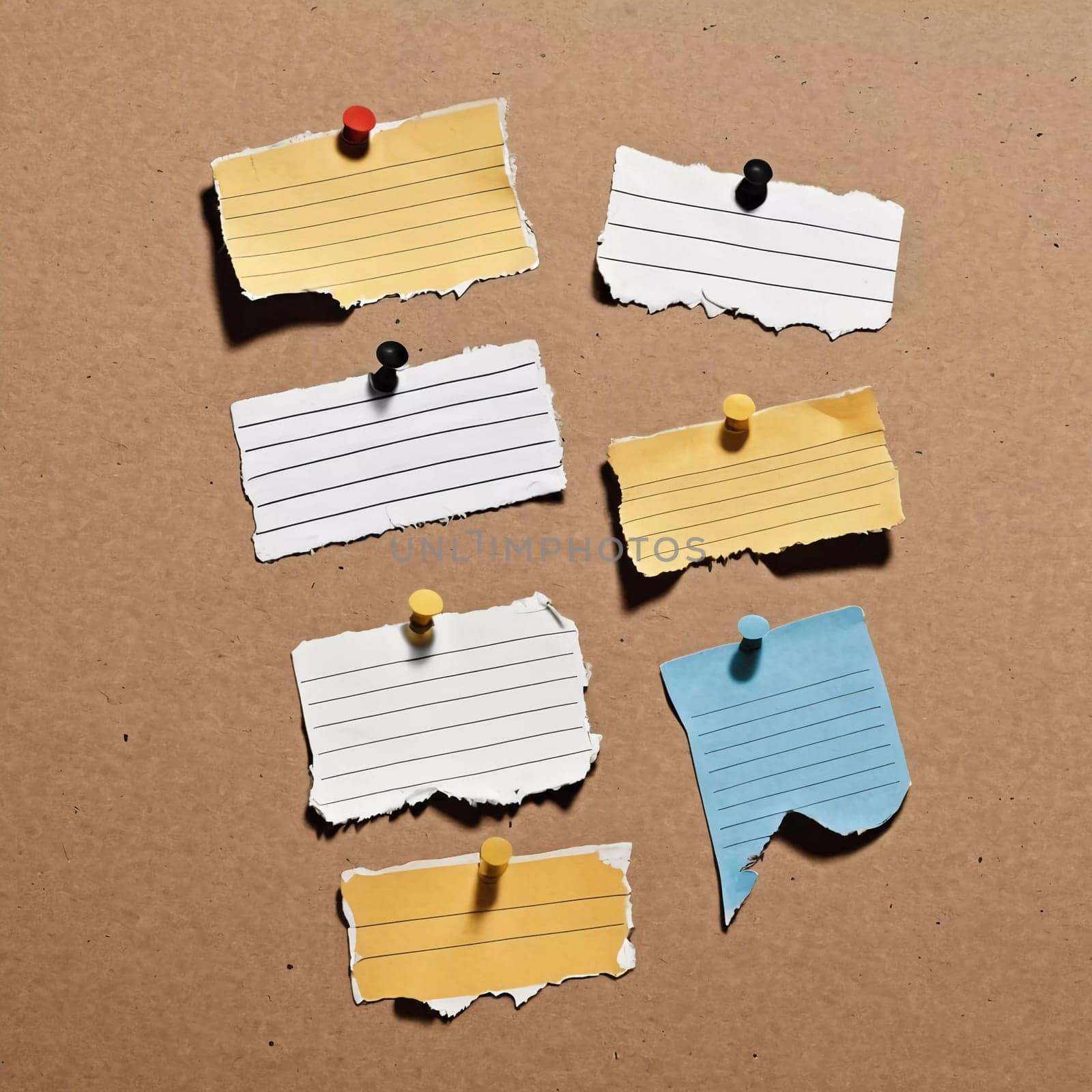 A piece of vintage blank note paper is secured with tape to a textured brown surface, ideal for business communications or reminders, conveying an old-fashioned office style. Generative AI.