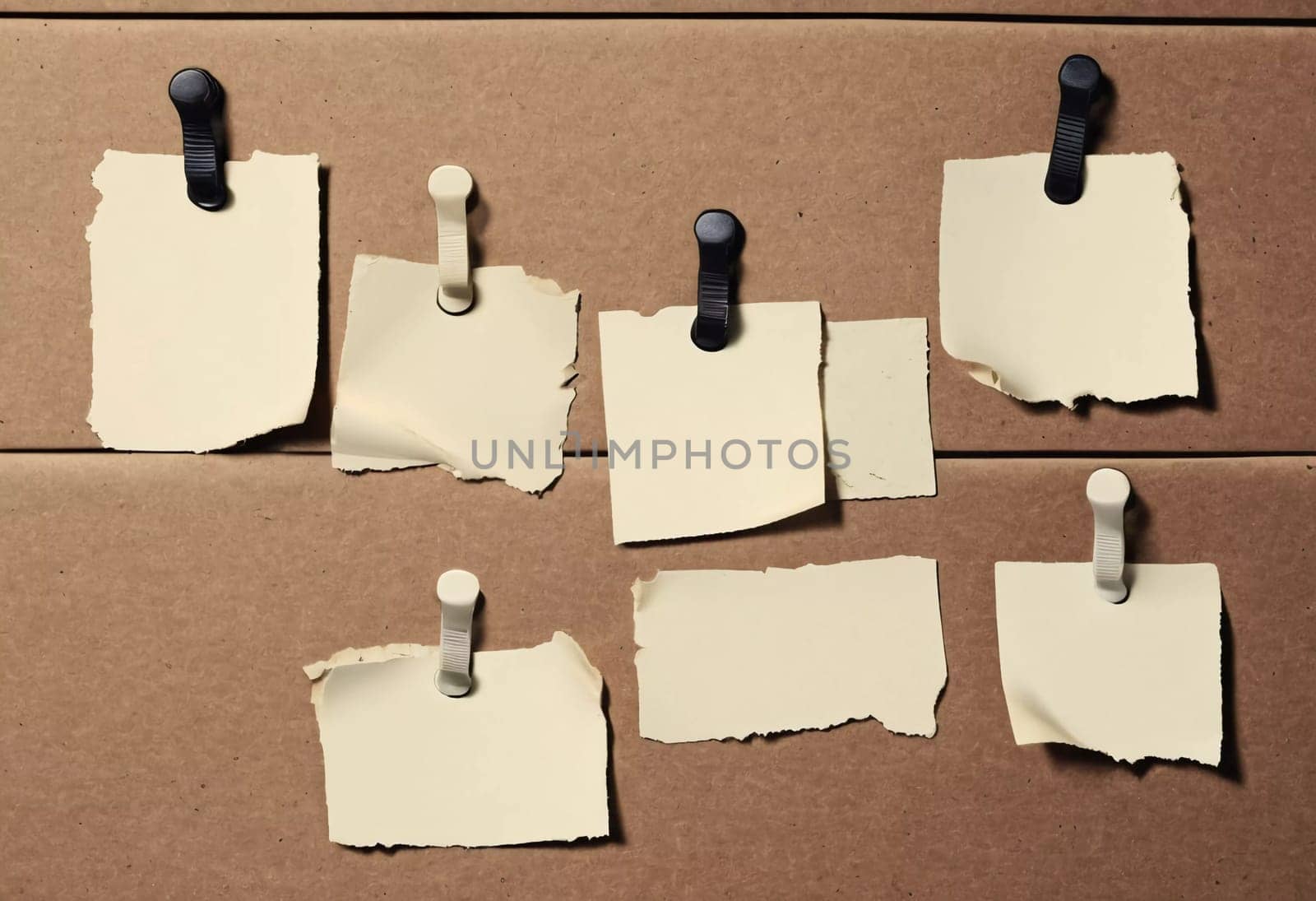A piece of vintage blank note paper is secured with tape to a textured brown surface, ideal for business communications or reminders, conveying an old-fashioned office style. Generative AI.