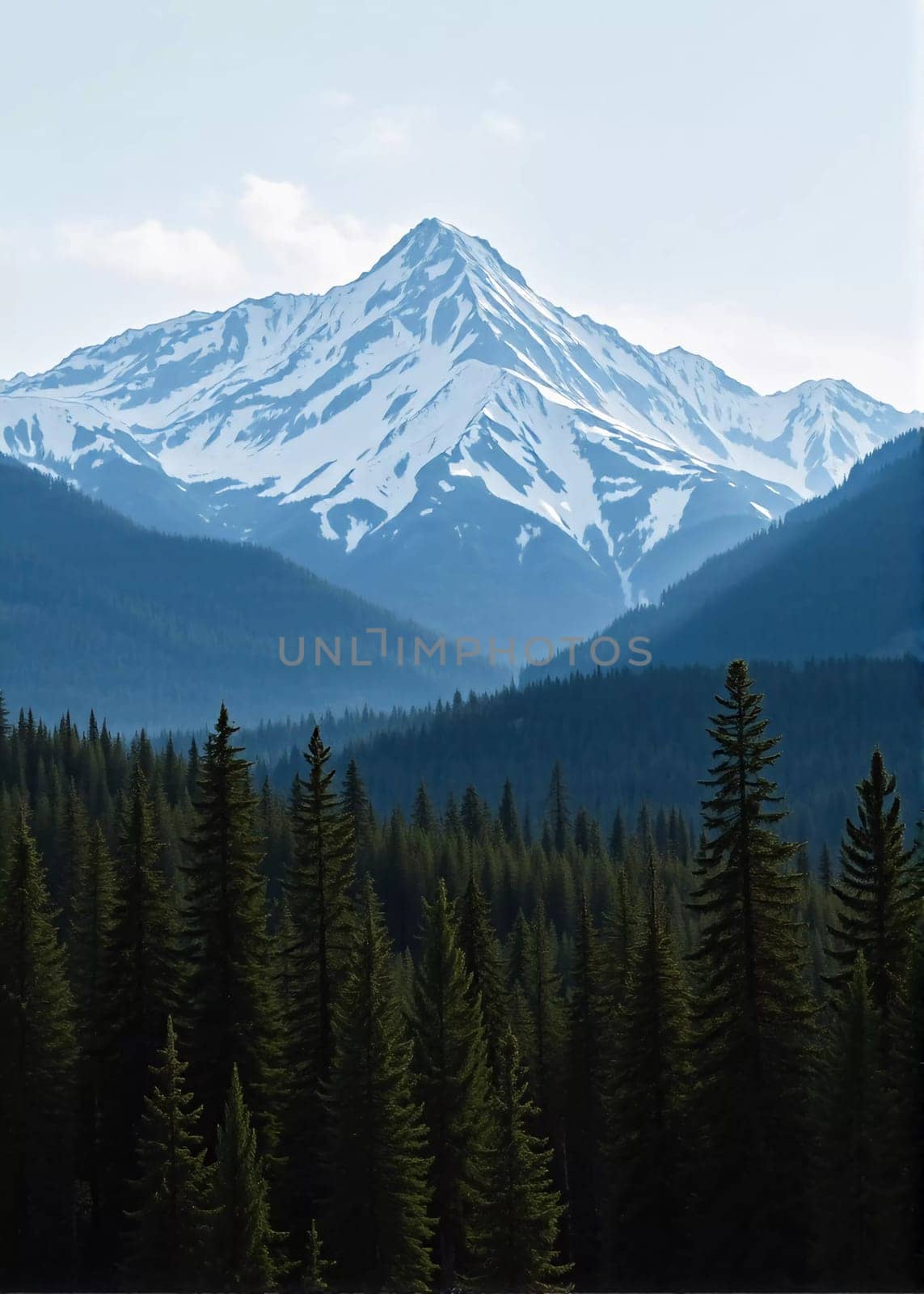 A peaceful view unfolds with towering spruce trees framing majestic mountains bathed in soft morning light. Lush green forest descends into a misty valley, creating a serene atmosphere. Generative AI