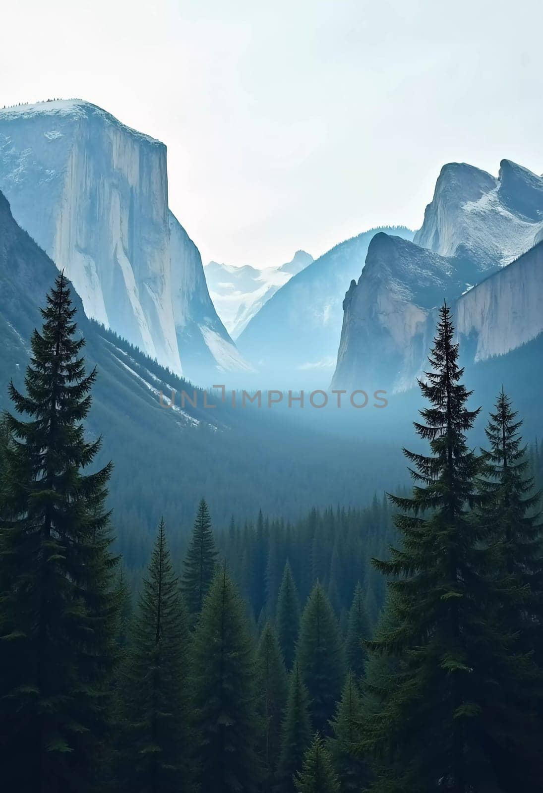 A peaceful view unfolds with towering spruce trees framing majestic mountains bathed in soft morning light. Lush green forest descends into a misty valley, creating a serene atmosphere. Generative AI