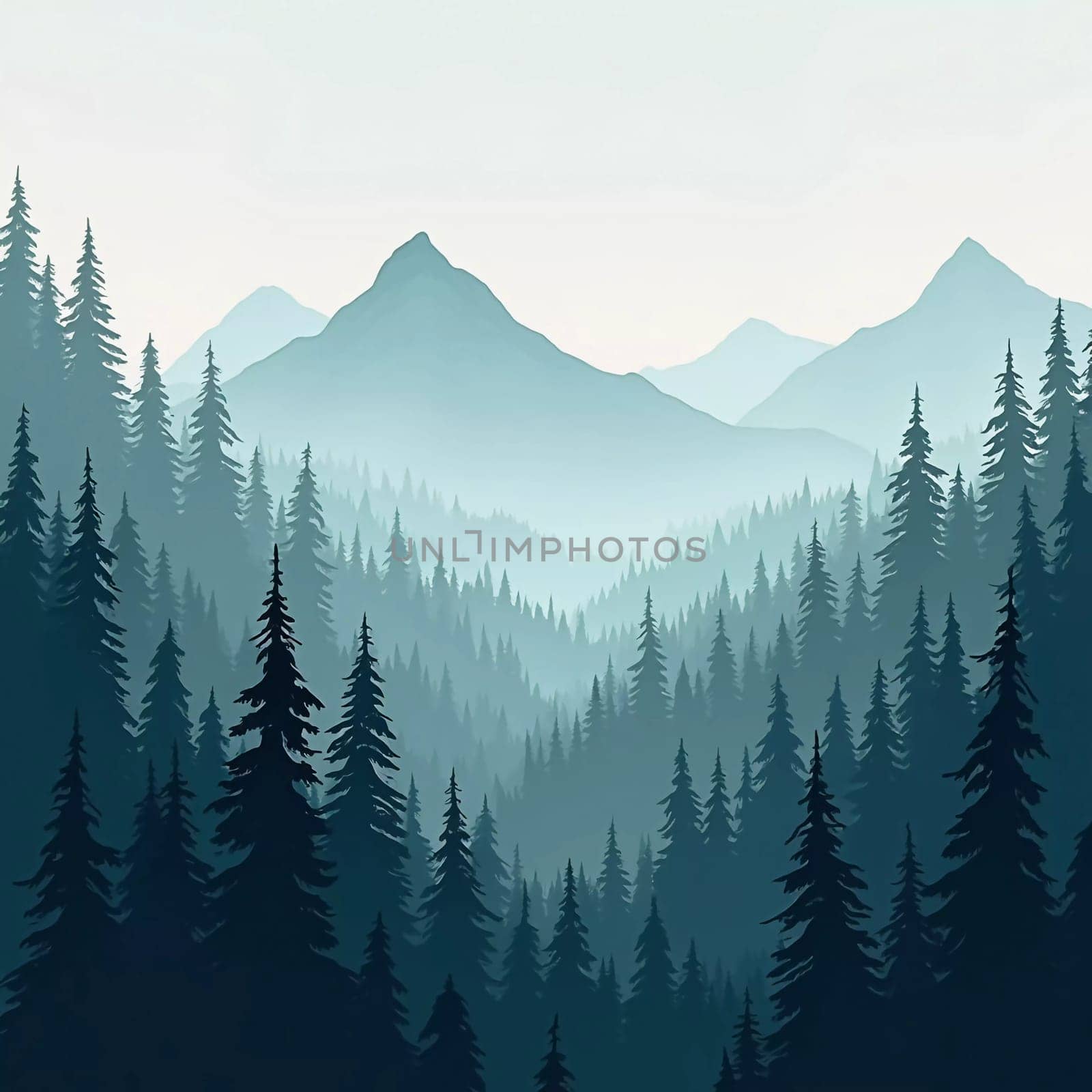 A peaceful view unfolds with towering spruce trees framing majestic mountains bathed in soft morning light. Lush green forest descends into a misty valley, creating a serene atmosphere. Generative AI