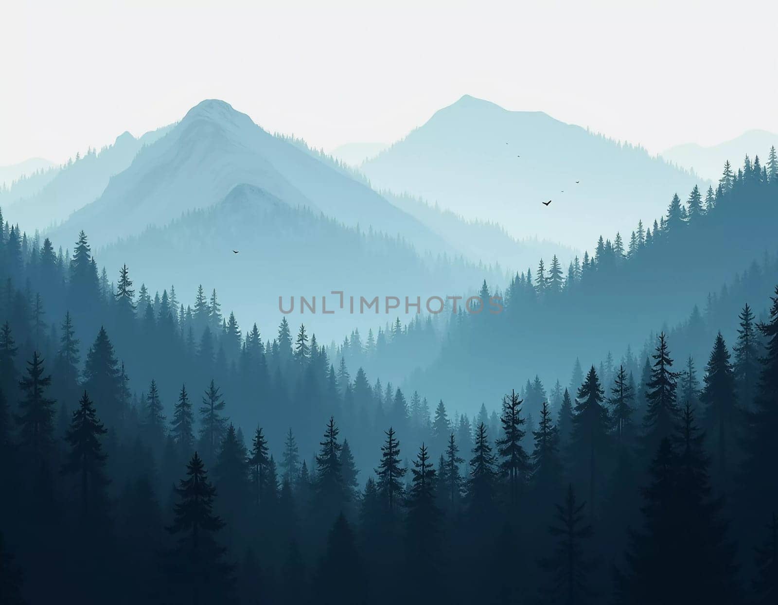 A peaceful view unfolds with towering spruce trees framing majestic mountains bathed in soft morning light. Lush green forest descends into a misty valley, creating a serene atmosphere. Generative AI