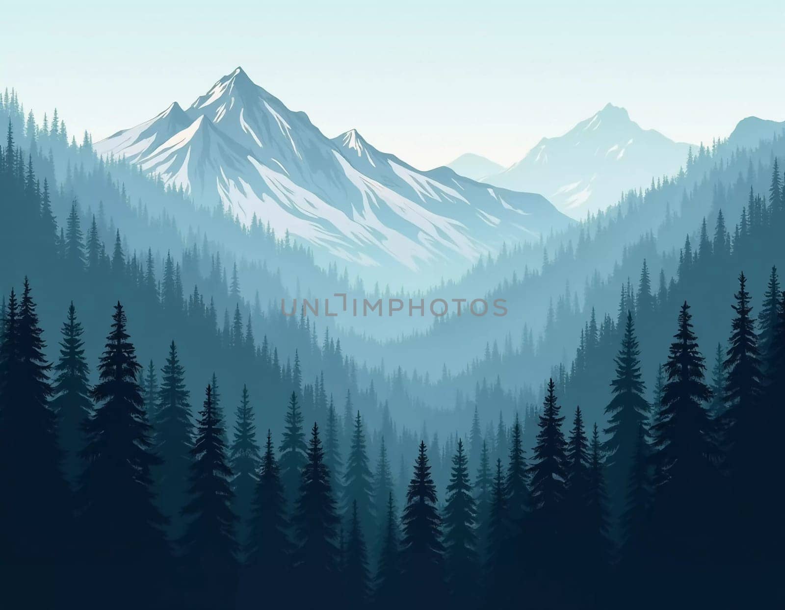 A peaceful view unfolds with towering spruce trees framing majestic mountains bathed in soft morning light. Lush green forest descends into a misty valley, creating a serene atmosphere. Generative AI