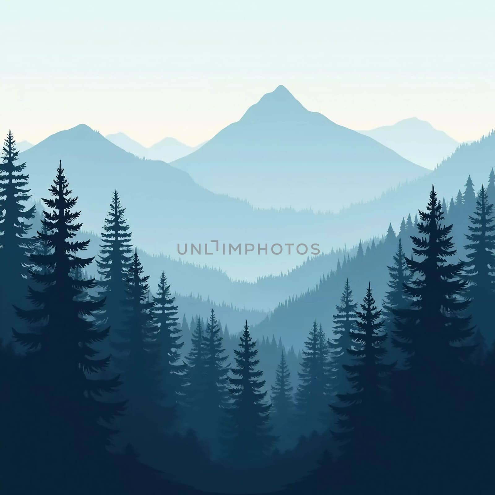 A peaceful view unfolds with towering spruce trees framing majestic mountains bathed in soft morning light. Lush green forest descends into a misty valley, creating a serene atmosphere. Generative AI