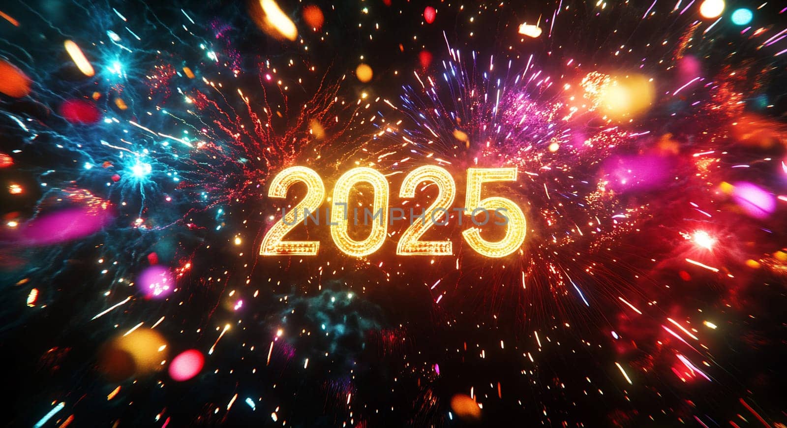 A dazzling array of fireworks lights up the night sky, welcoming the year 2025 with vibrant colors and joyful energy.