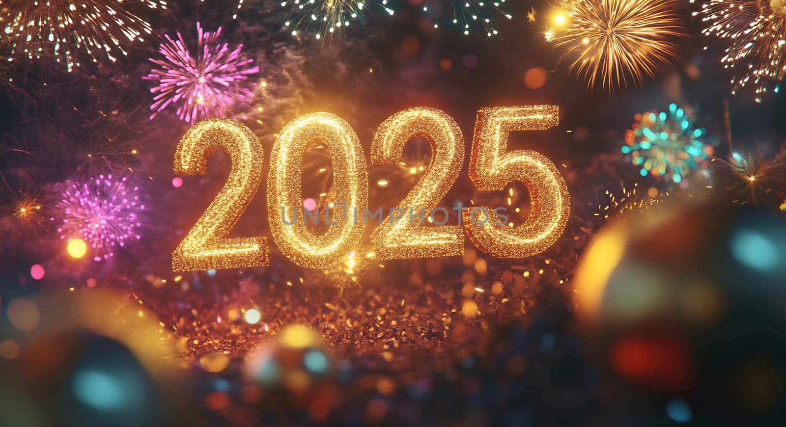 Colorful fireworks burst in the sky while the year 2025 is displayed in glitter, adding a festive touch to the New Year celebration.