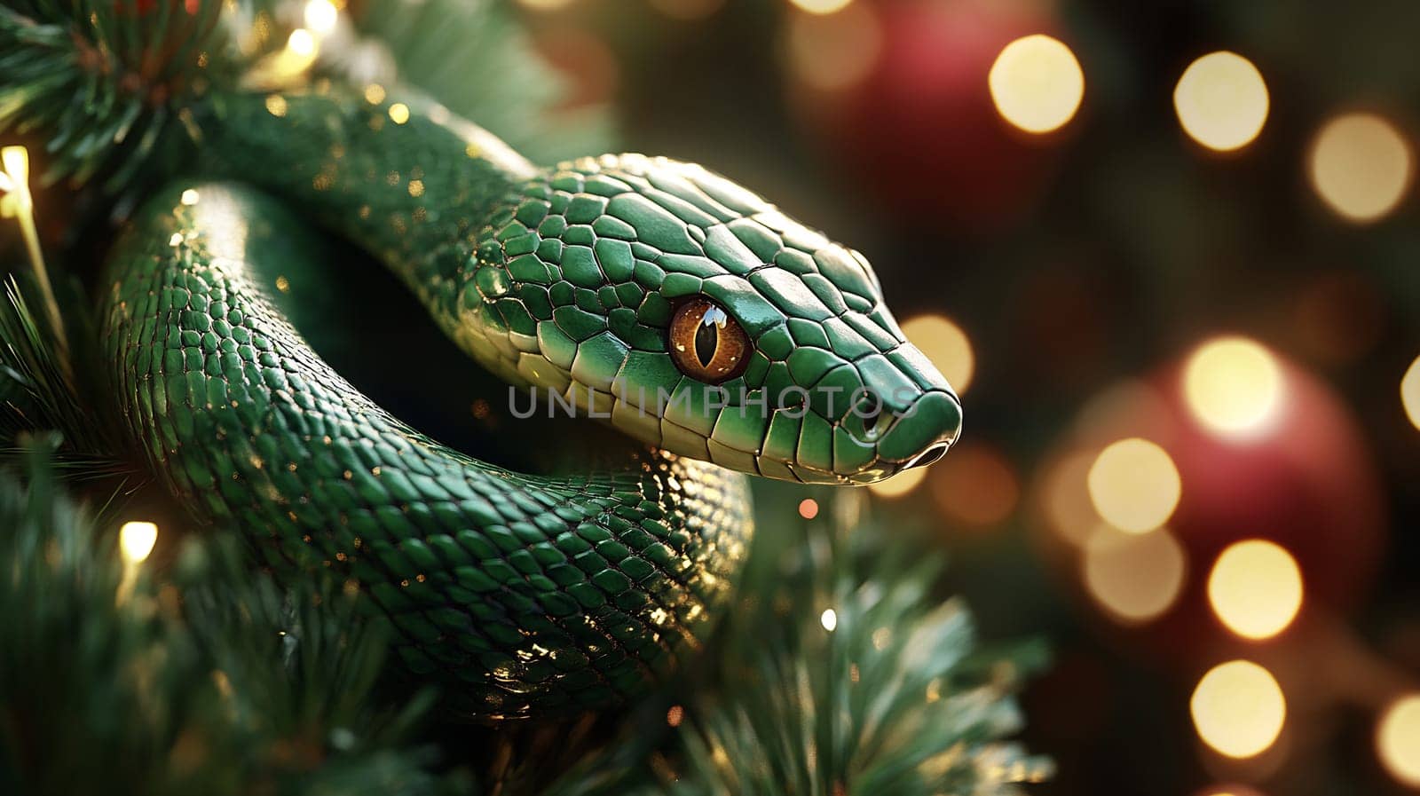 A vibrant green snake coils around a Christmas tree, surrounded by twinkling lights and festive decorations, creating a unique holiday ambiance.