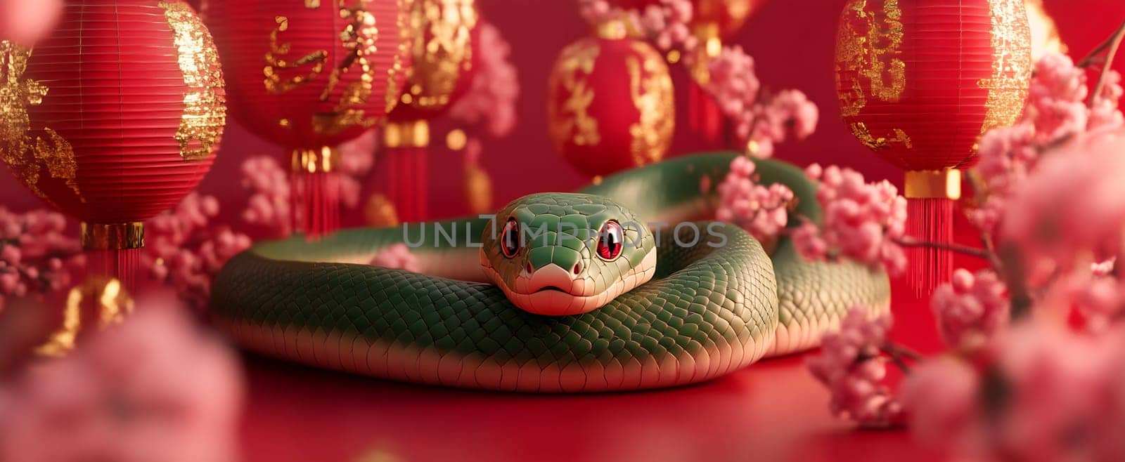 The green snake lies peacefully surrounded by red lanterns and pink cherry blossoms, creating a festive atmosphere.
