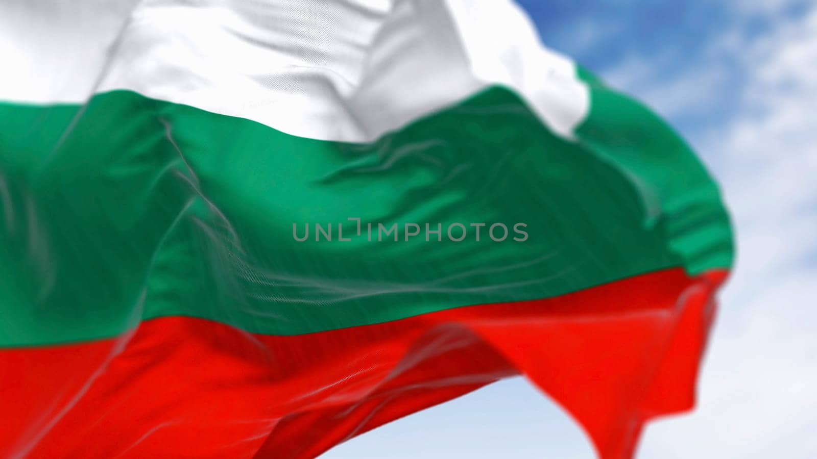 Close-up of Bulgaria national flag waving in the wind. Three equal-sized horizontal bands: white, green, and red. 3d illustration render. Rippling fabric.