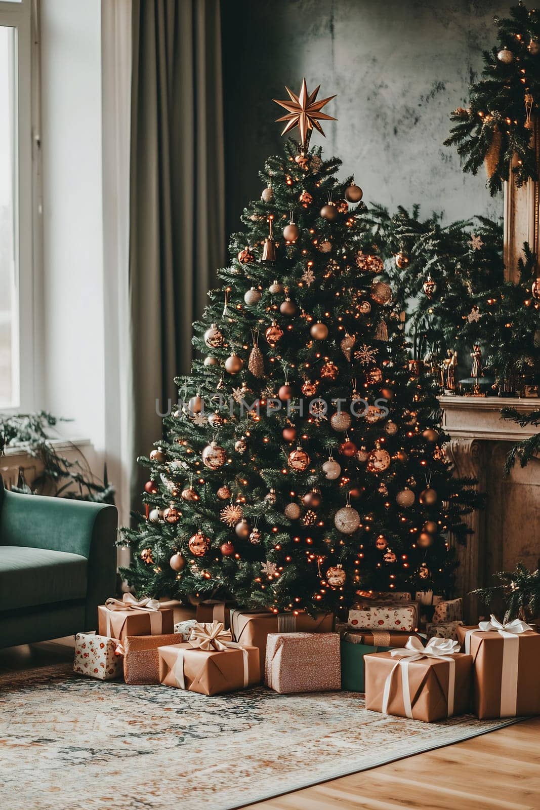 A Christmas tree filled with sparkling ornaments stands proudly in a warm living room, surrounded by neatly wrapped gifts ready for the celebration.