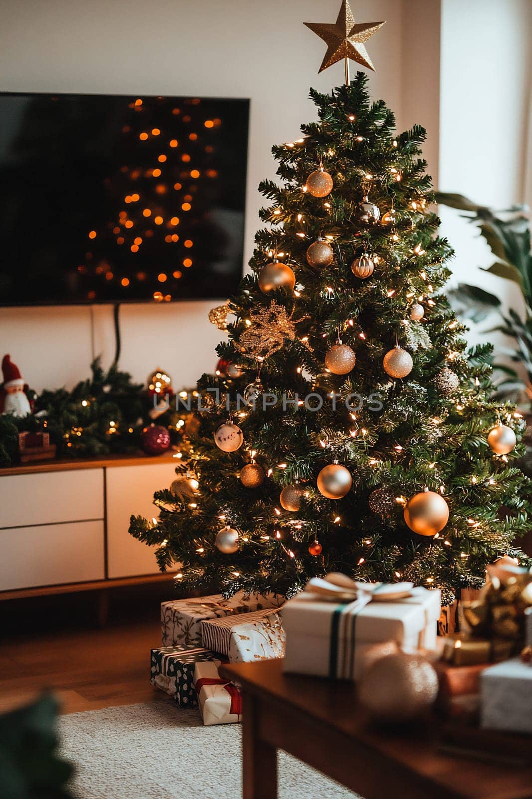 A stunning Christmas tree adorned with gold ornaments and twinkling lights stands in a warm living room filled with festive decorations.
