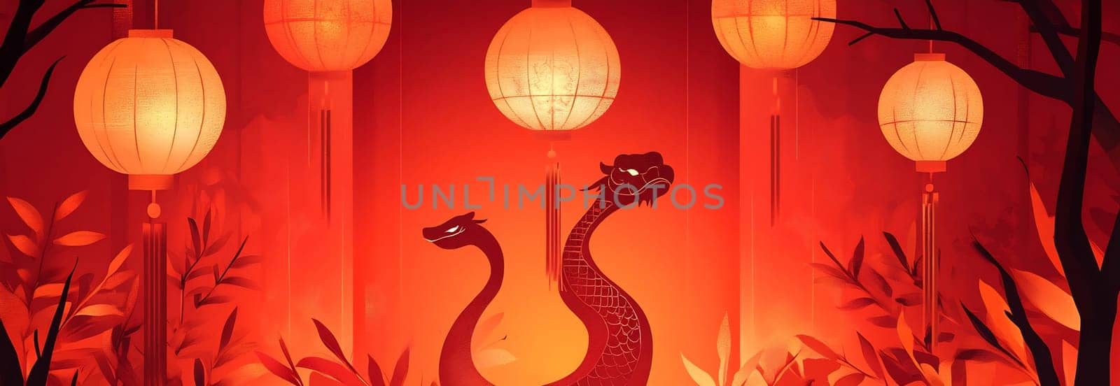 Twilight reveals serpent figures gracefully positioned amidst glowing lanterns and lush foliage during a vibrant celebration.