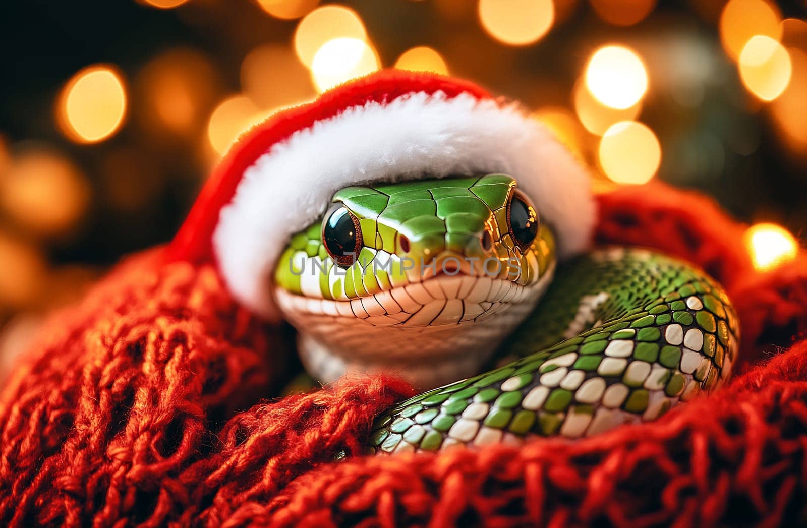A green snake, adorned with a Santa hat, is comfortably curled up in a soft red blanket, illuminated by festive lights.