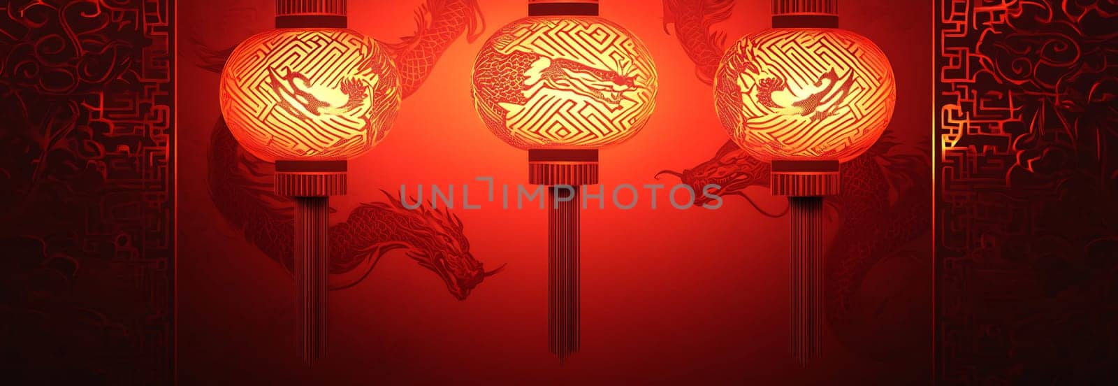 Three vibrant red lanterns hang against a richly decorated backdrop, creating a warm and festive ambiance typical of cultural festivals.