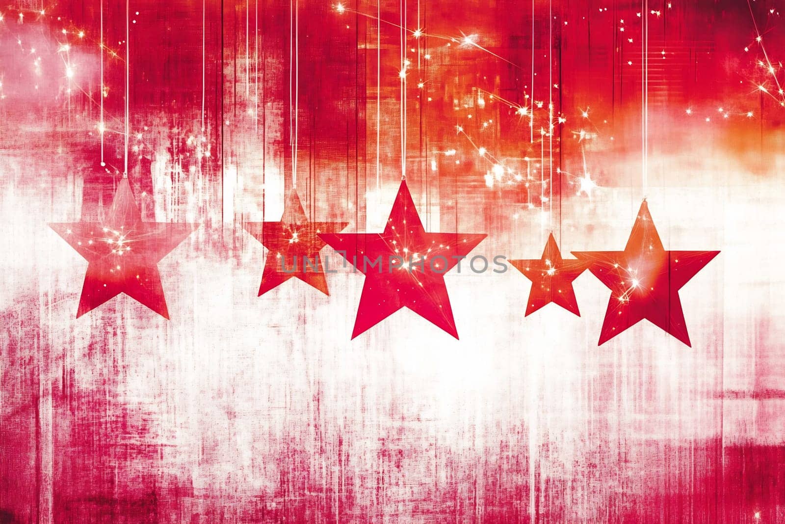 Stars in various sizes shine brightly against a red and white textured backdrop, creating a festive atmosphere for celebration.