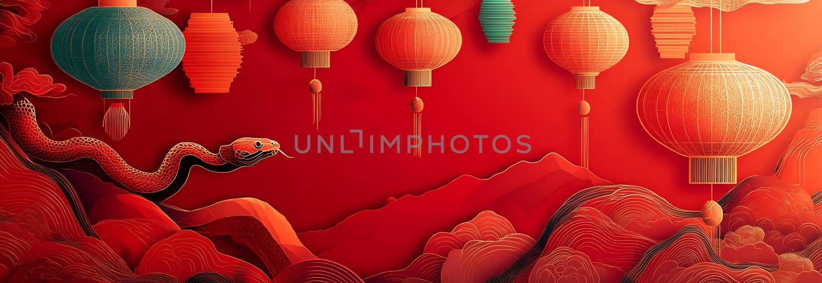 Lanterns hang against a striking red background while a decorative snake winds around stylized mountains, celebrating tradition and culture.