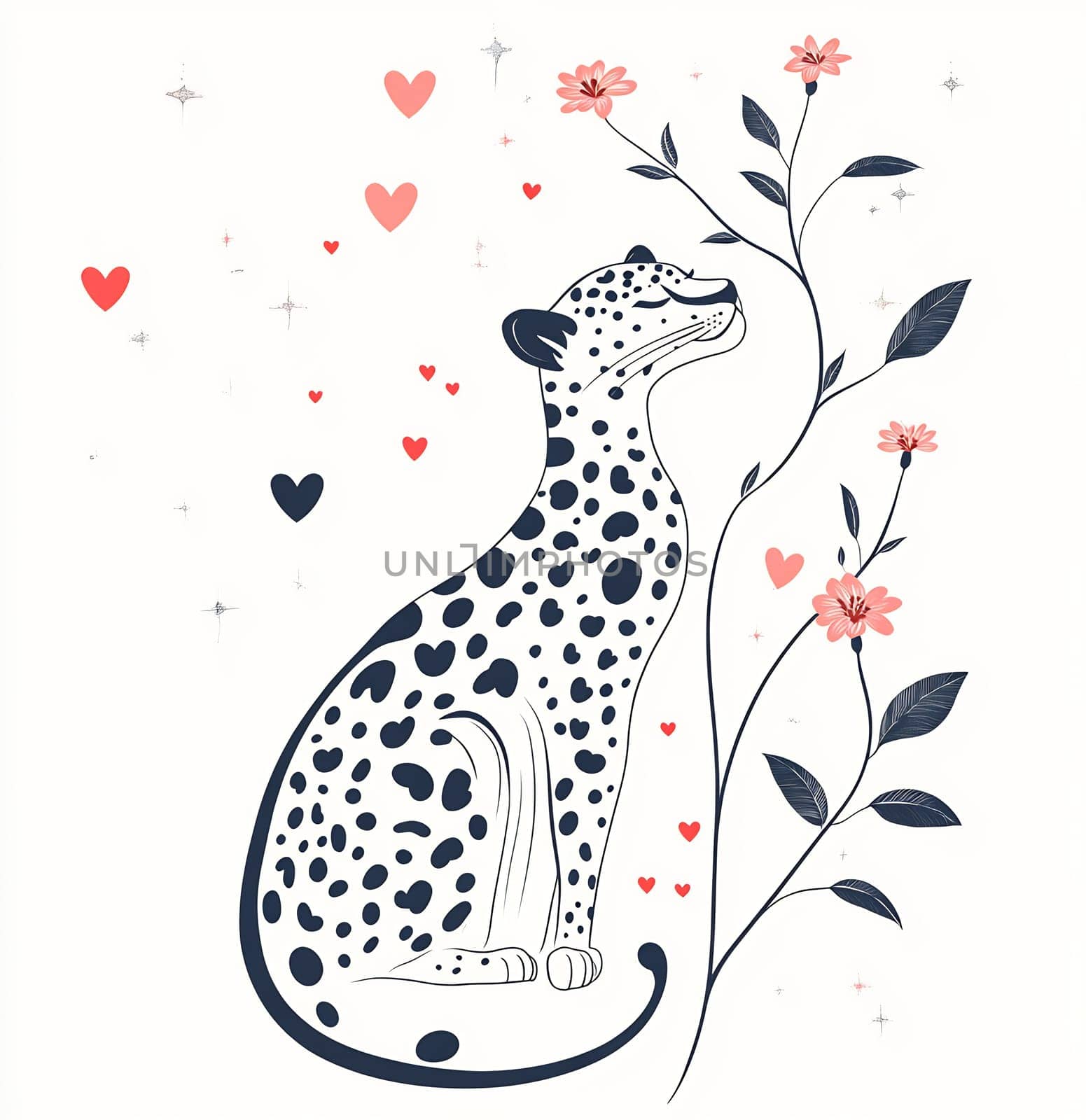 A leopard with distinctive spots sits calmly next to flowering plants and scattered hearts, creating a charming and artistic representation.