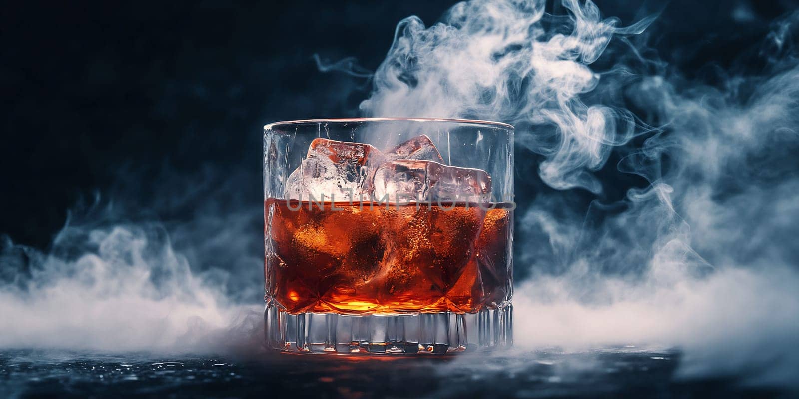 A whiskey glass sits on a surface with ice cubes and wisps of smoke curling around it, enhancing a cozy bar ambiance.