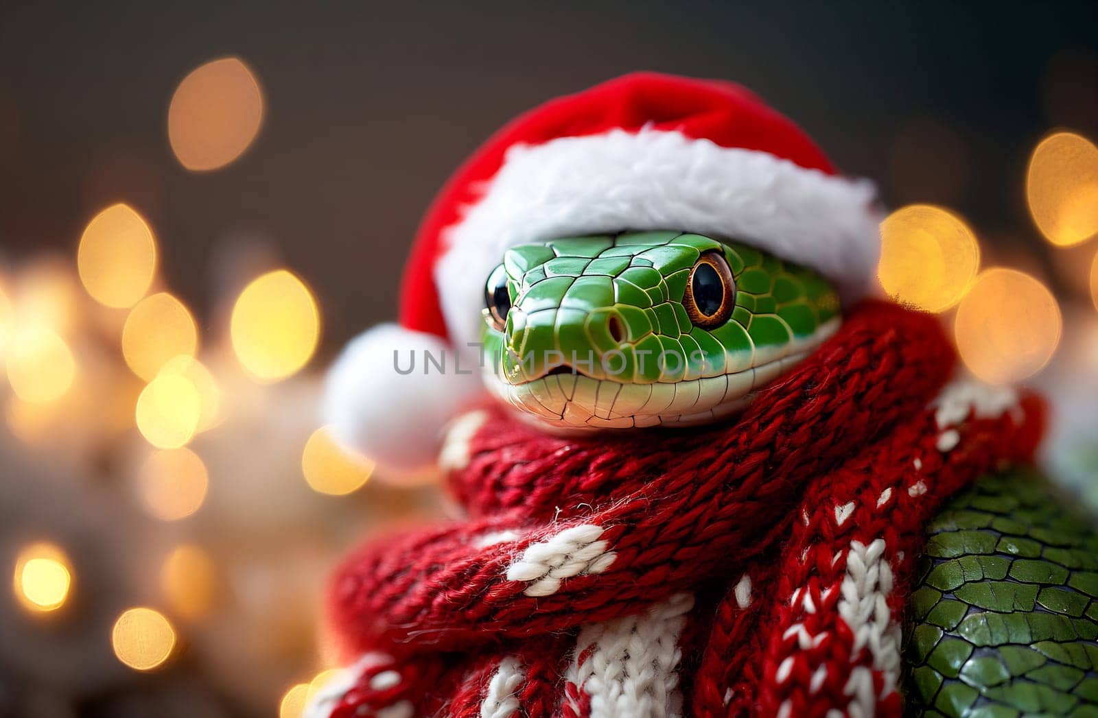 A green snake dressed in a Santa hat and red scarf is posed with glowing holiday lights in the background, creating a festive atmosphere.