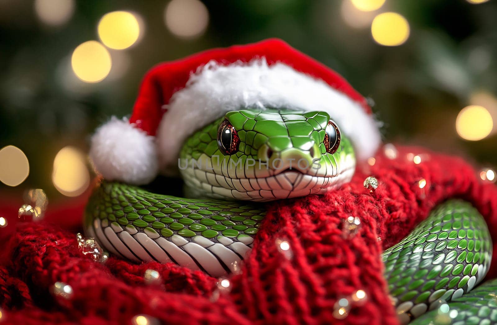 A green snake sports a festive Santa hat, curled within a cozy red scarf and surrounded by sparkling holiday lights.