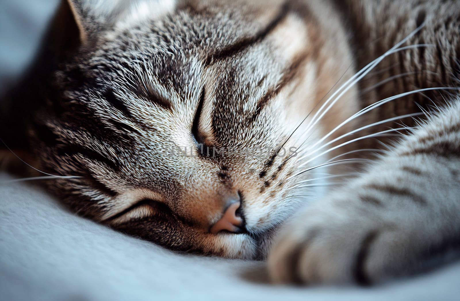 A tabby cat is curled up and peacefully napping on a soft surface, enjoying the tranquility of the afternoon.