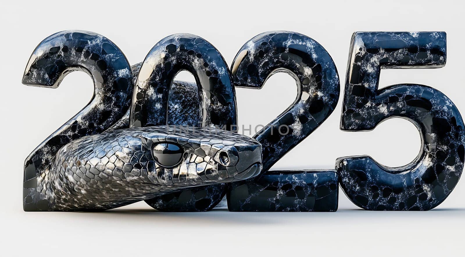 A intricately designed black and silver snake is featured alongside the year 2025, showcasing a blend of nature and contemporary art.