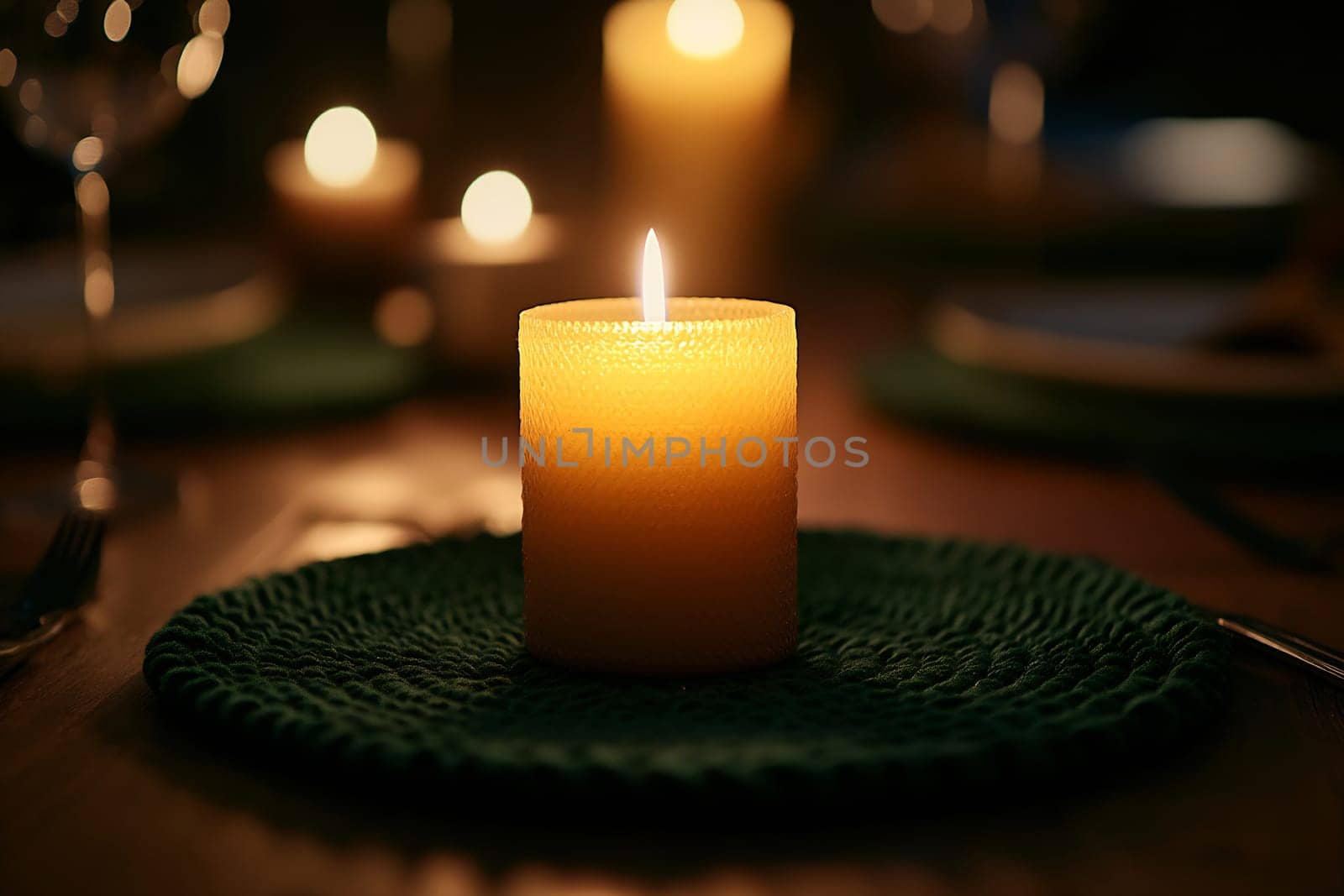 A flickering candle illuminates a dinner table, casting a warm glow in a cozy nighttime setting, enhancing the inviting atmosphere.