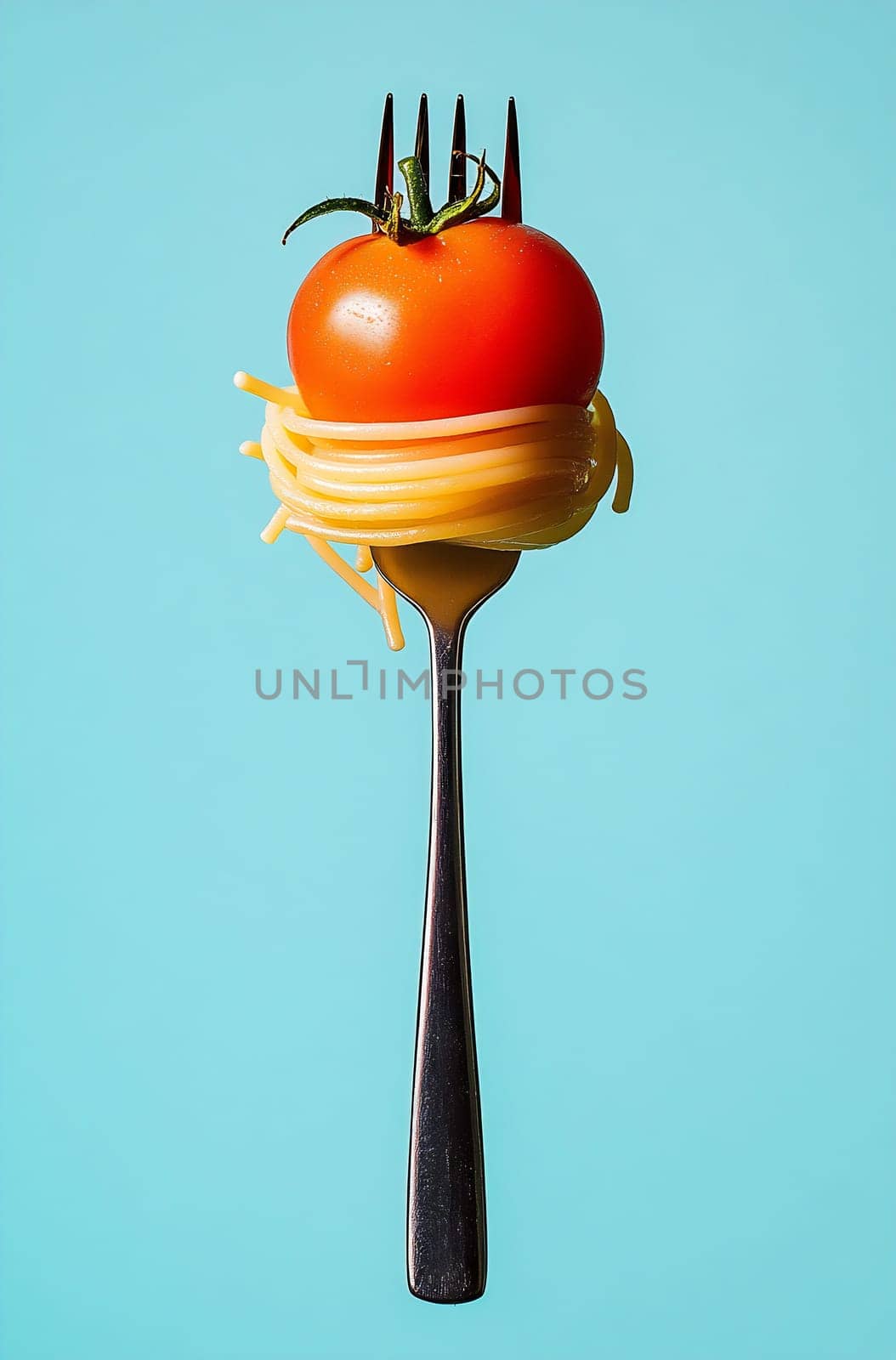 A unique culinary presentation shows a fork with twisted spaghetti and a fresh tomato perched on top, set against a vibrant turquoise backdrop.
