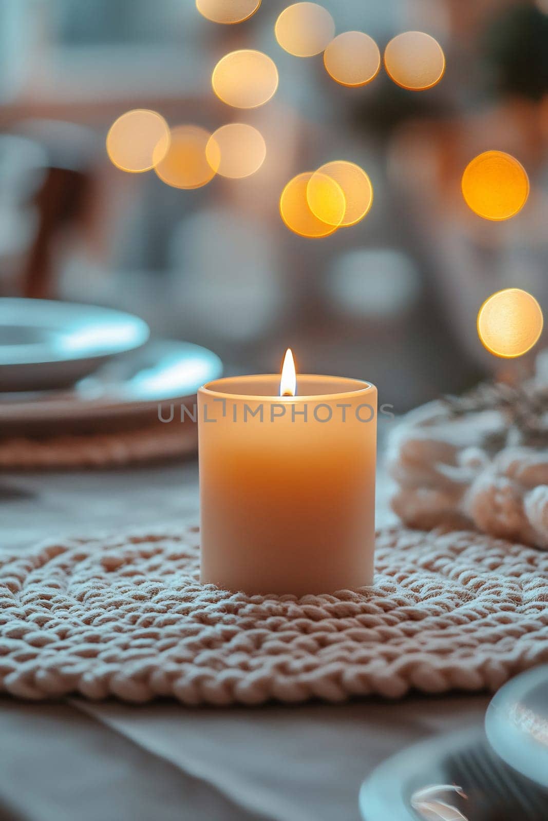 A softly glowing candle sits at the center of a beautifully arranged dining table, surrounded by warm bokeh lights for an evening gathering.