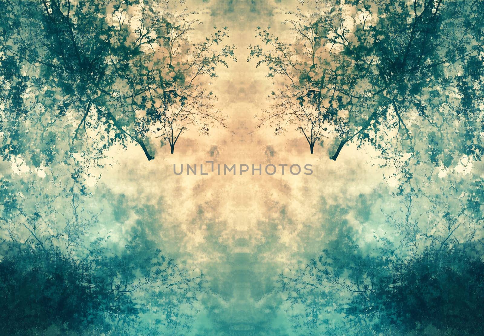 Shadows of trees create a calming reflection of soft colors at dusk in a tranquil forest setting.