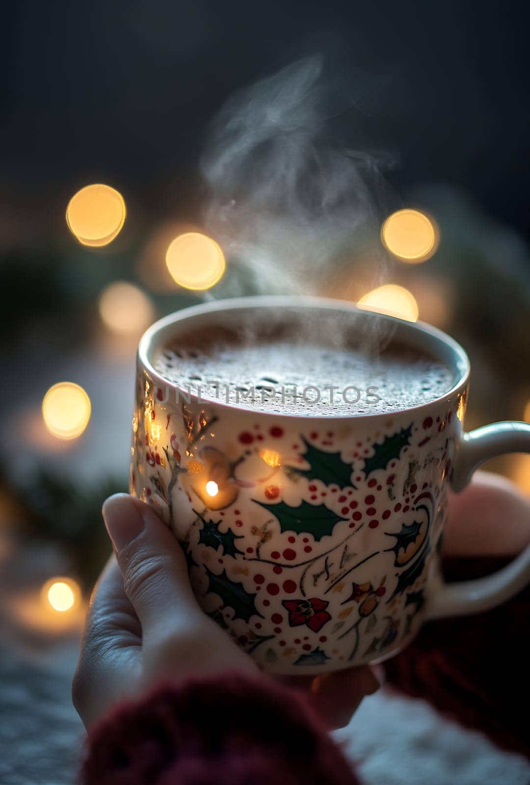 A person holds a steaming mug of coffee surrounded by soft, glowing lights, creating a warm and inviting winter ambiance.