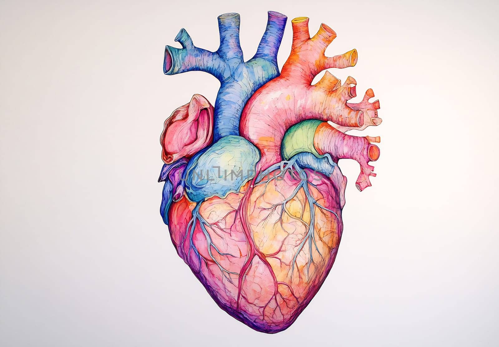 This vibrant heart illustration showcases intricate vascular details and anatomy in a striking array of colors.