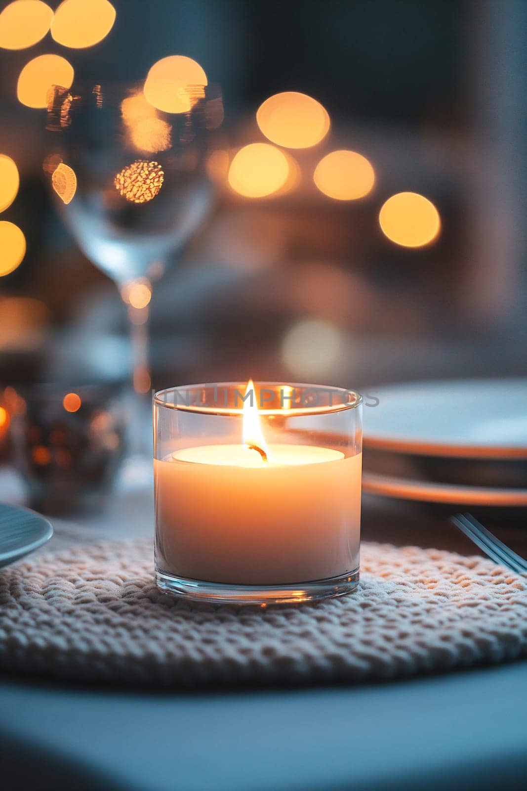 A softly lit table features a flickering candle, dinnerware, and twinkling lights, creating a warm and inviting atmosphere for dining.