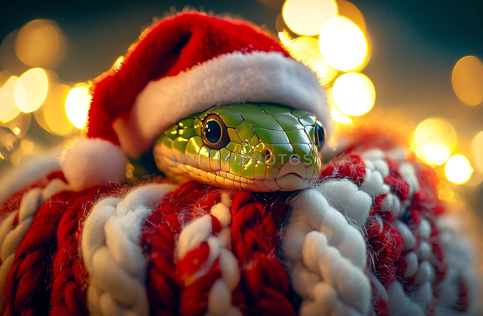 A green snake dons a Santa hat while lounging on a red and white knitted blanket surrounded by bright holiday lights.