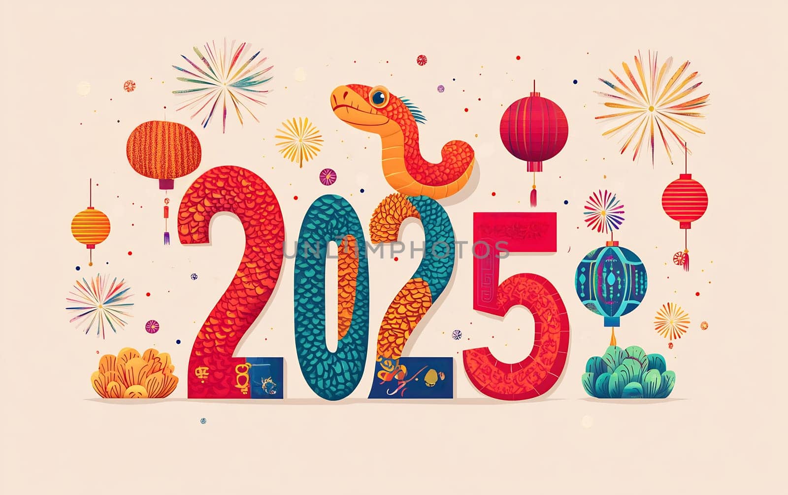 The artwork highlights the Year of the Serpent in 2025, decorated with bright colors, lanterns, and celebratory symbols.