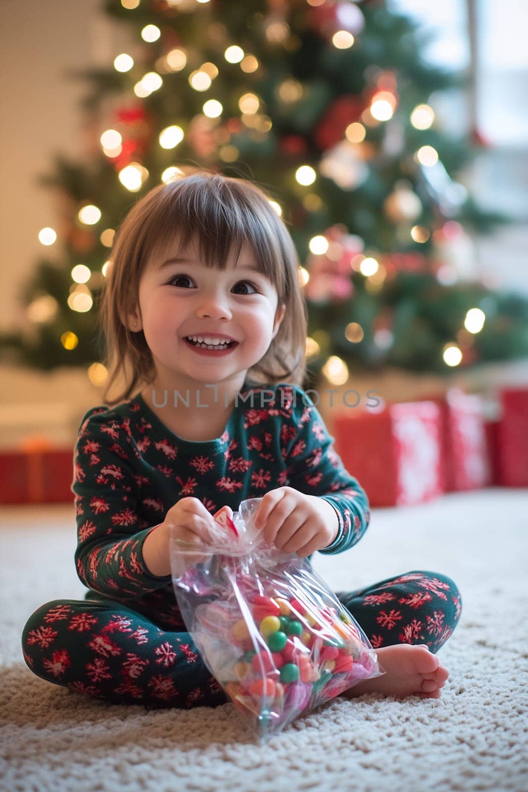 A delighted young child sits on the floor, holding a bag of candy, surrounded by a beautifully decorated Christmas tree and gifts.