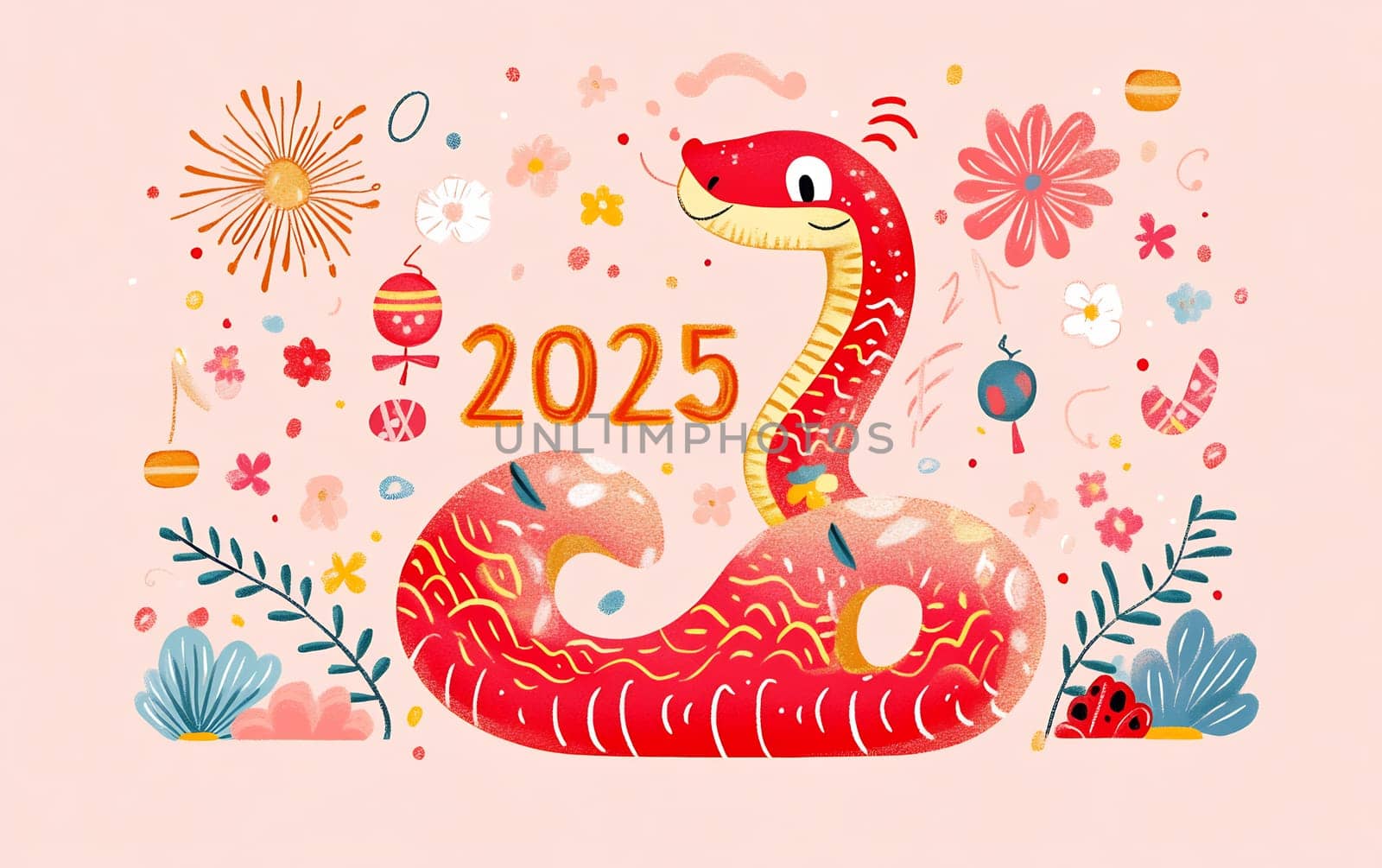 A vibrant design featuring a red snake and floral elements to mark the upcoming Year of the Snake in 2025.