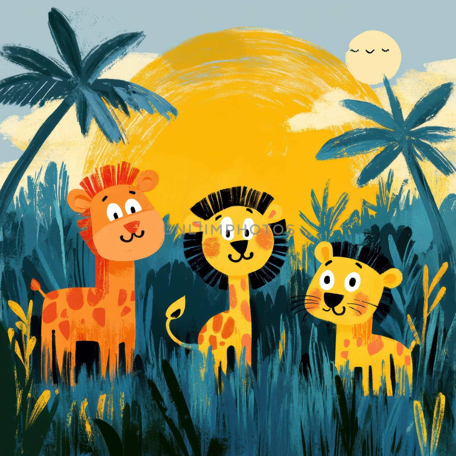 Illustration for children, savannah animals. AI generative.