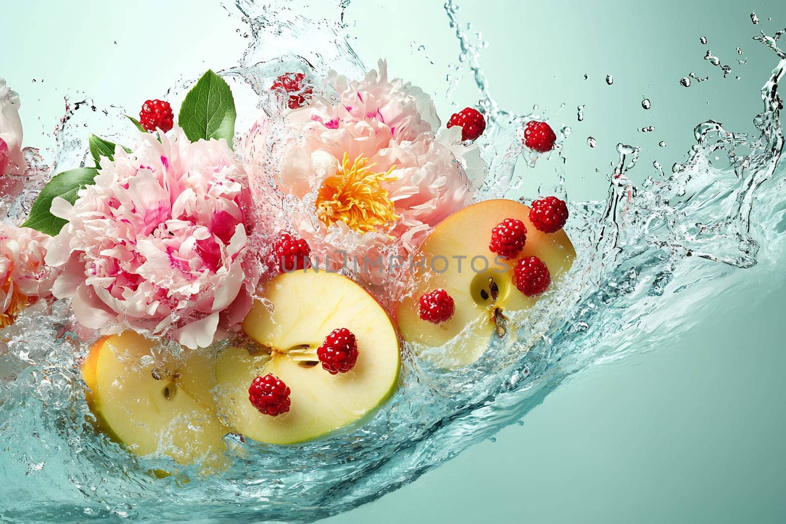 Juicy green apples, roses, and raspberries collide with water, creating dynamic splashes and a vivid, refreshing visual spectacle.
